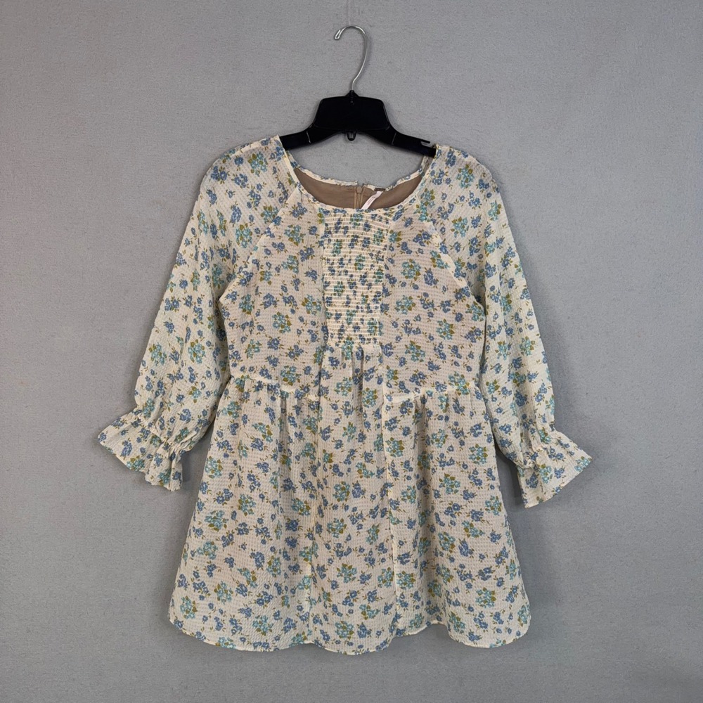 Free People Tunic Top Womens 0 Blue Floral Smocked Peplum Boho Cottagecore
